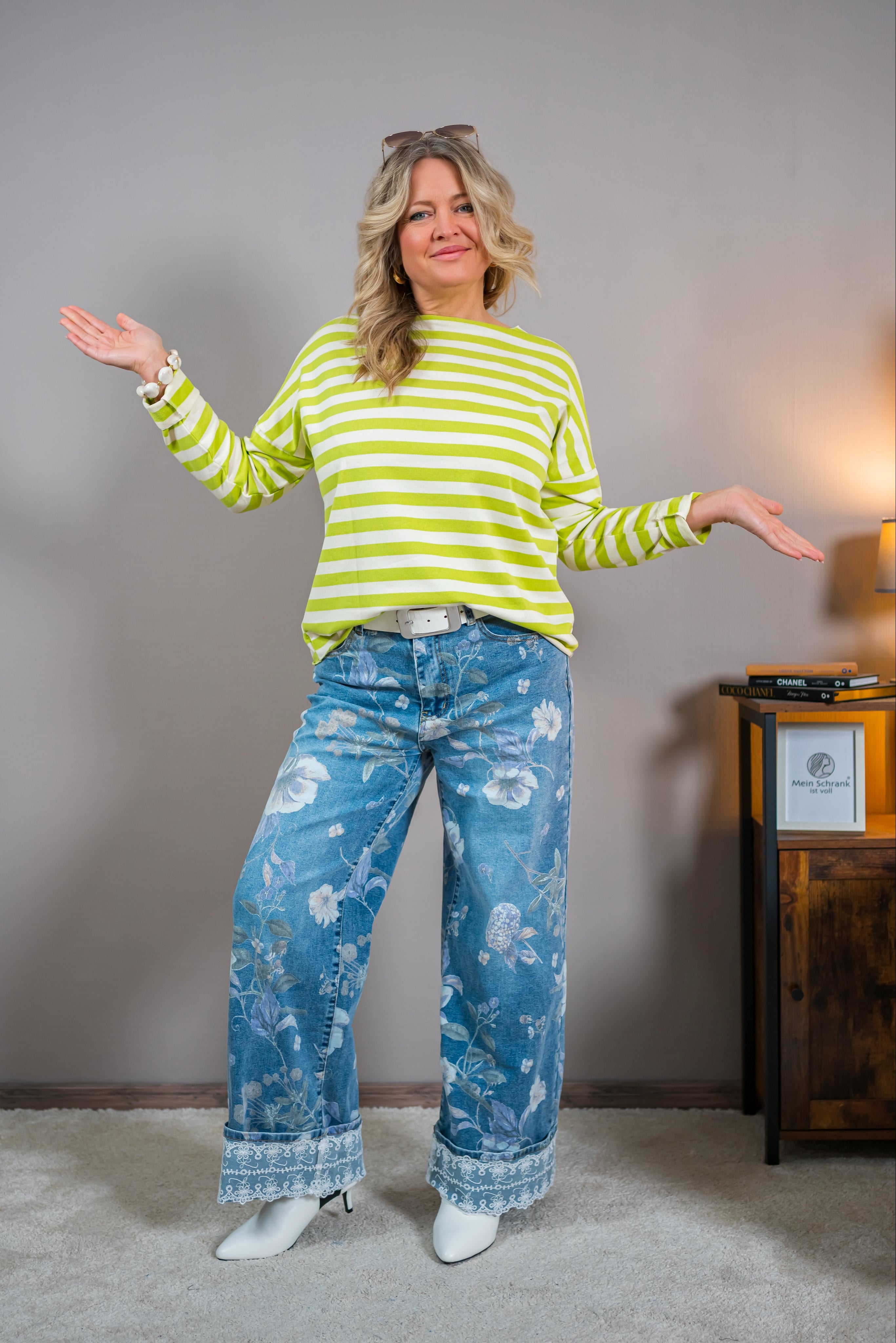 Longsleeve mit Streifenmuster, grün/creme