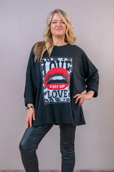 Oversize Longsleeve "Love" mit Statementprint, schwarz
