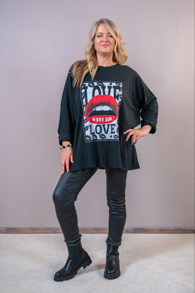 Oversize Longsleeve "Love" mit Statementprint, schwarz