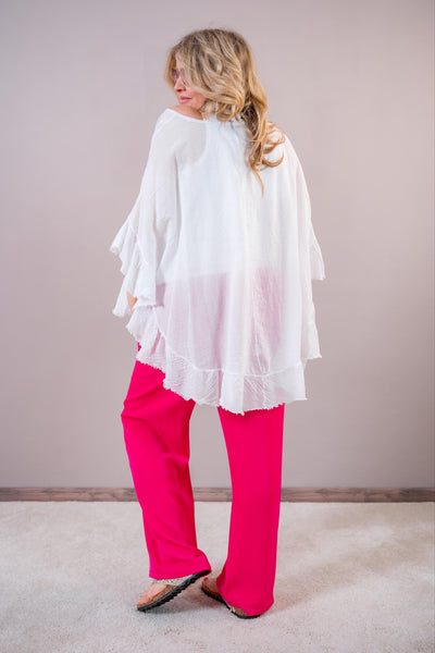 Volant-Bluse mit ausgefransten Saum, weiß