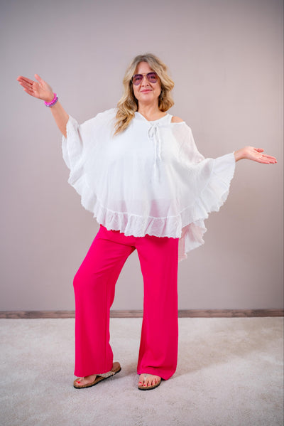Volant-Bluse mit ausgefransten Saum, weiß