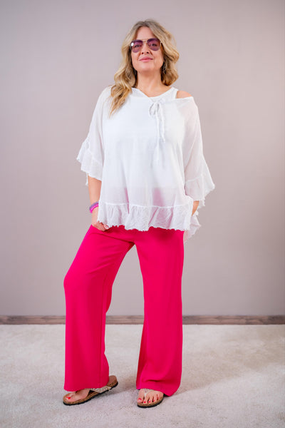 Volant-Bluse mit ausgefransten Saum, weiß