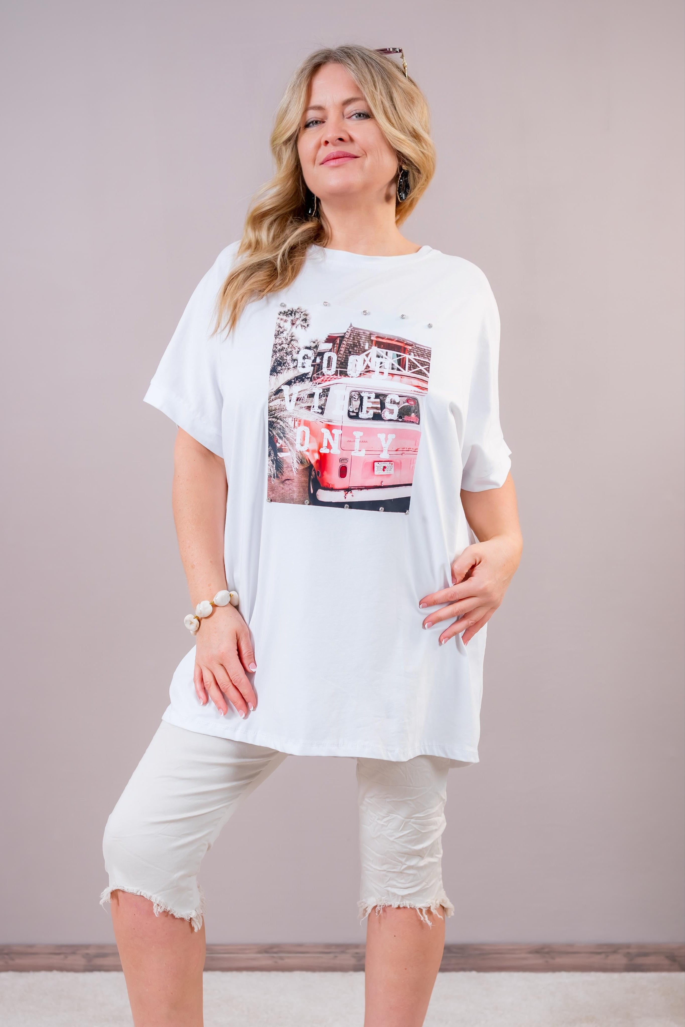 Oversize Shirt mit Steinchen & Druck, weiß