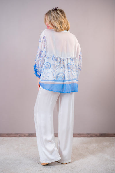Bluse mit Muster, weiß/blau
