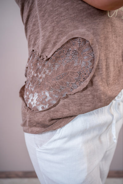 Top mit Print & Spitze, mocca