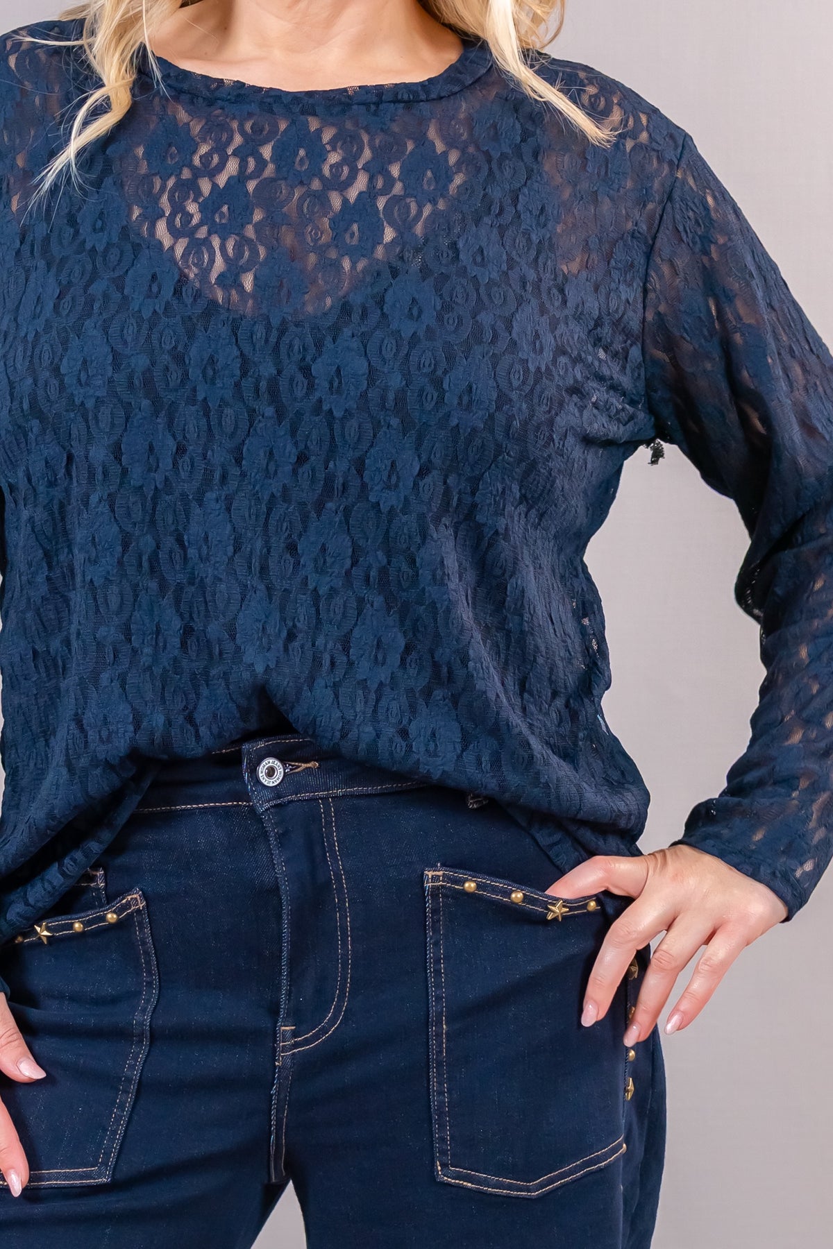 Curvy Spitzen-Langarmshirt, dunkelblau