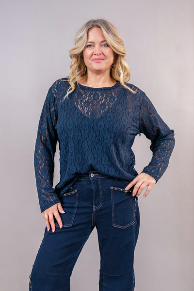 Curvy Spitzen-Langarmshirt, dunkelblau