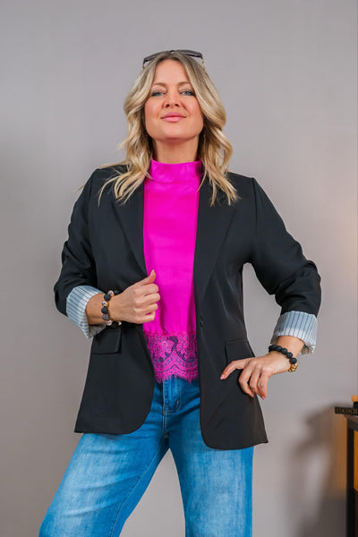 Fashion-Blazer mit Streifenfutter, schwarz