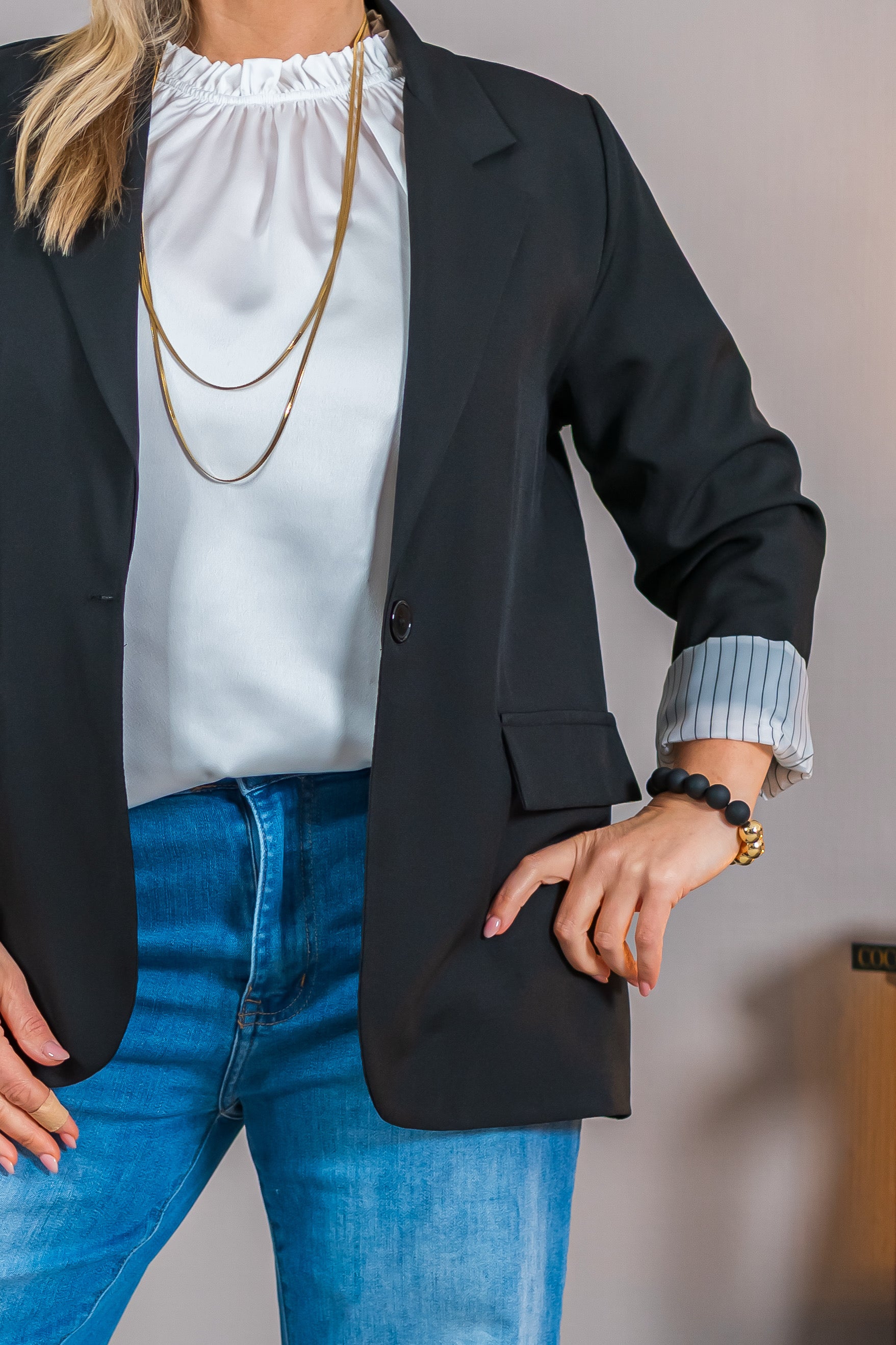 Fashion-Blazer mit Streifenfutter, schwarz