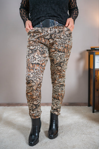 Stretchhose mit Leoprint, shiny-effekt beige