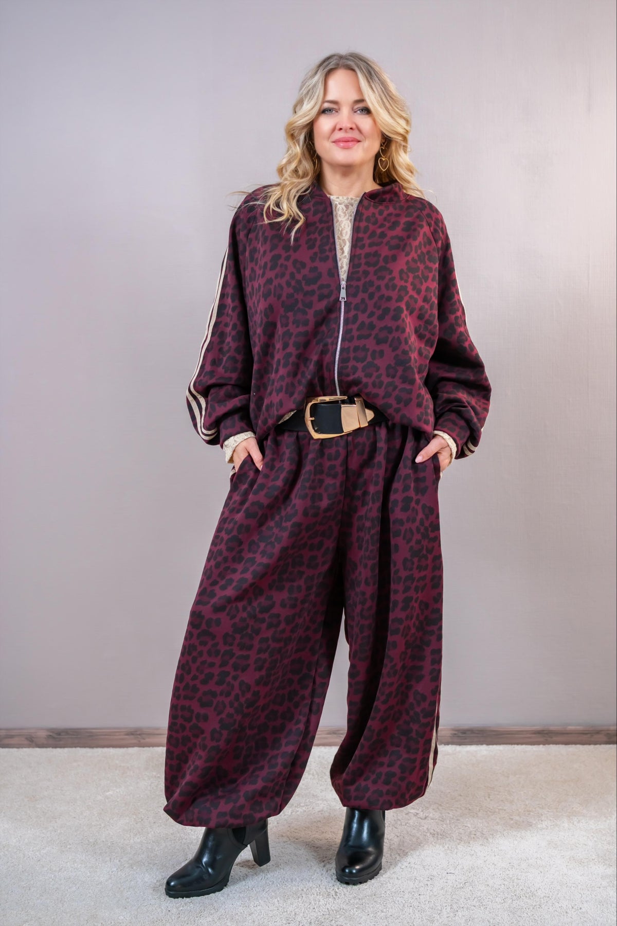 Curvy Oversize-Ballonhose, beere/creme
