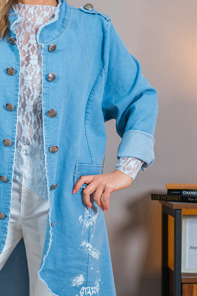 Langer Blazer im Jeanslook mit Zierknöpfen, jeansblau
