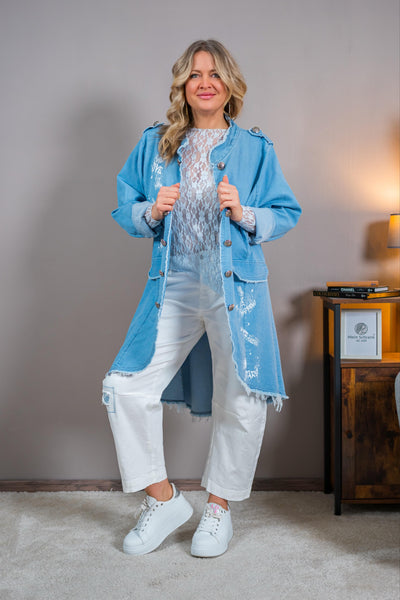 Langer Blazer im Jeanslook mit Zierknöpfen, jeansblau