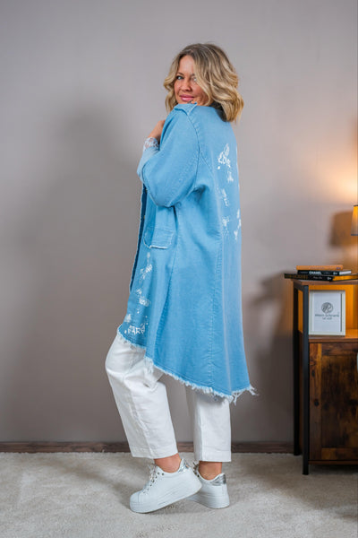 Langer Blazer im Jeanslook mit Zierknöpfen, jeansblau