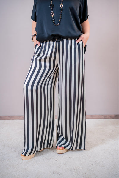 Elegante Satin-Hose mit Streifen, schwarz/weiß