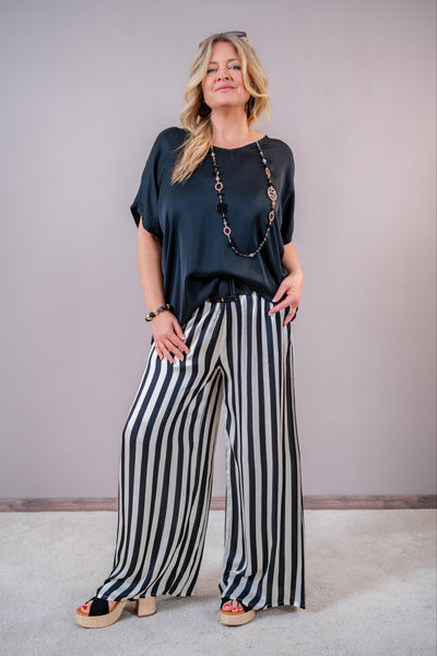 Elegante Satin-Hose mit Streifen, schwarz/weiß