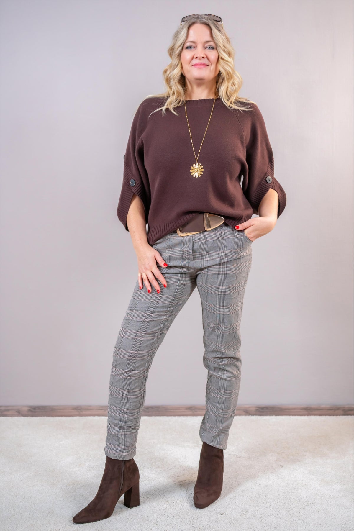 Halbarm-Strickpullover, schokobraun