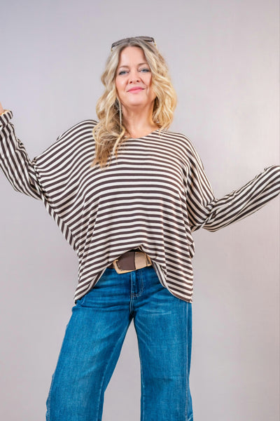 Oversize Pullover „Stripe Love“, braun/creme