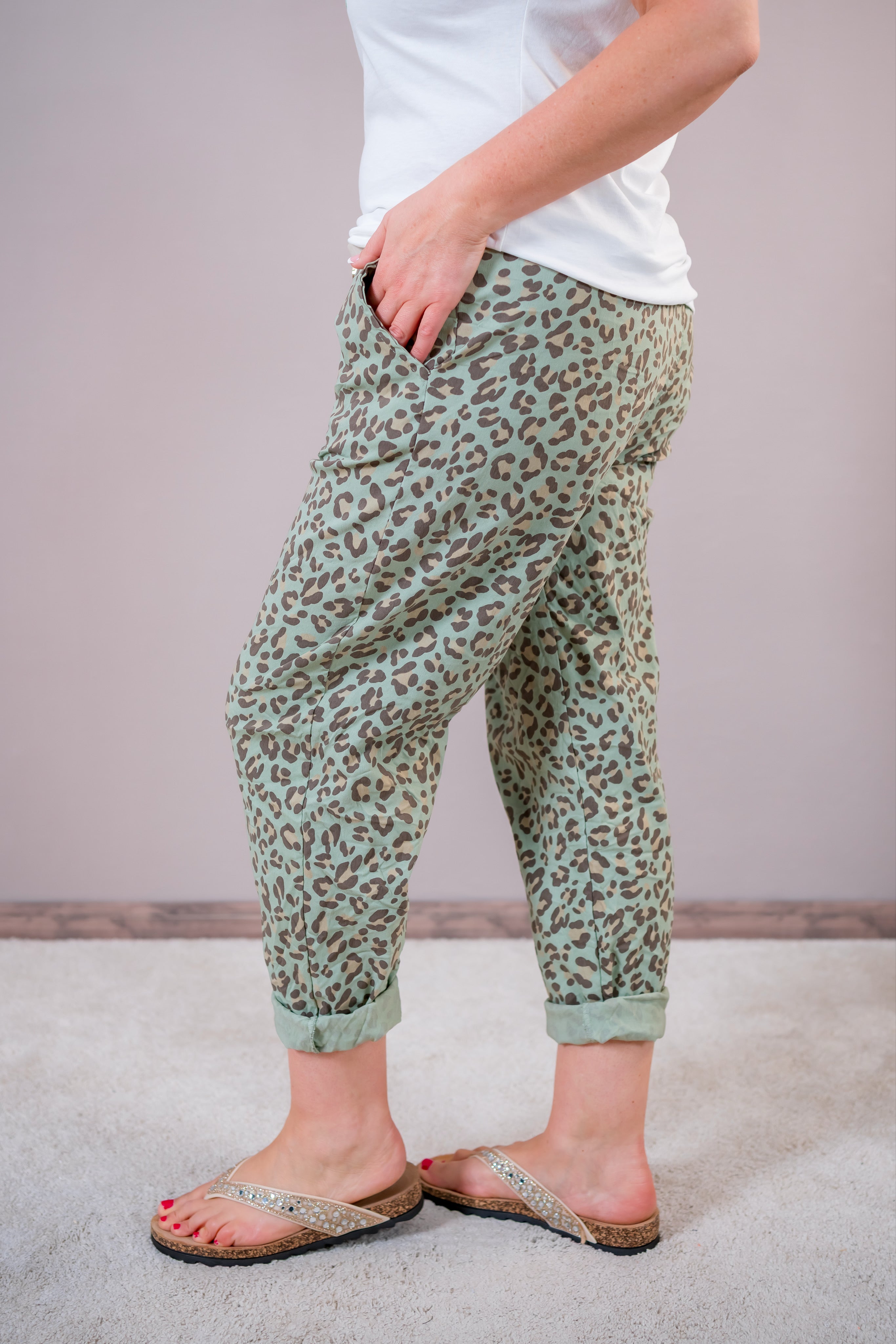 Hose im Leo-Design, khaki/beige/braun