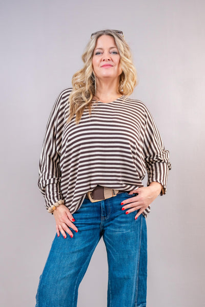 Oversize Pullover „Stripe Love“, braun/creme