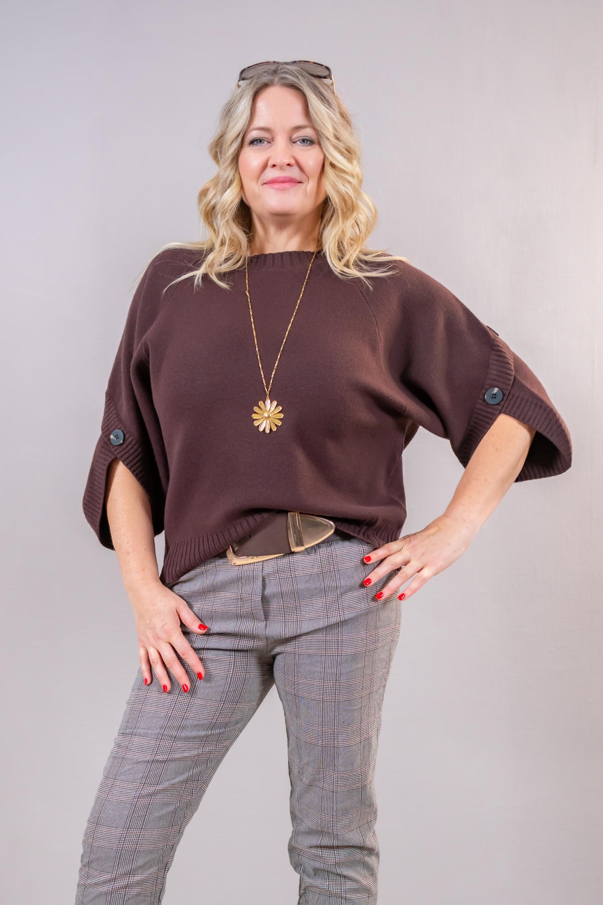 Halbarm-Strickpullover, schokobraun