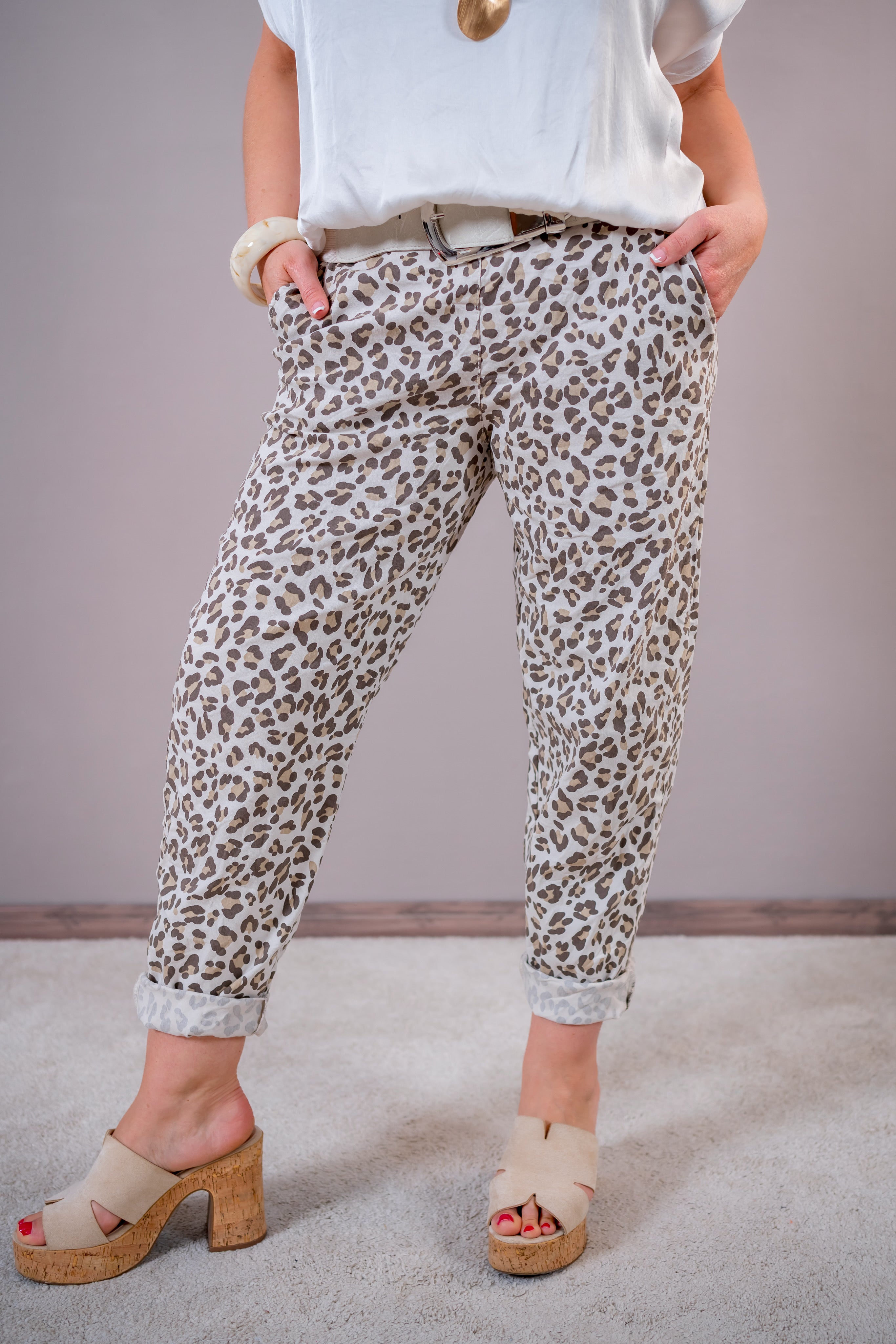 Hose im Leo-Design, creme/beige/braun