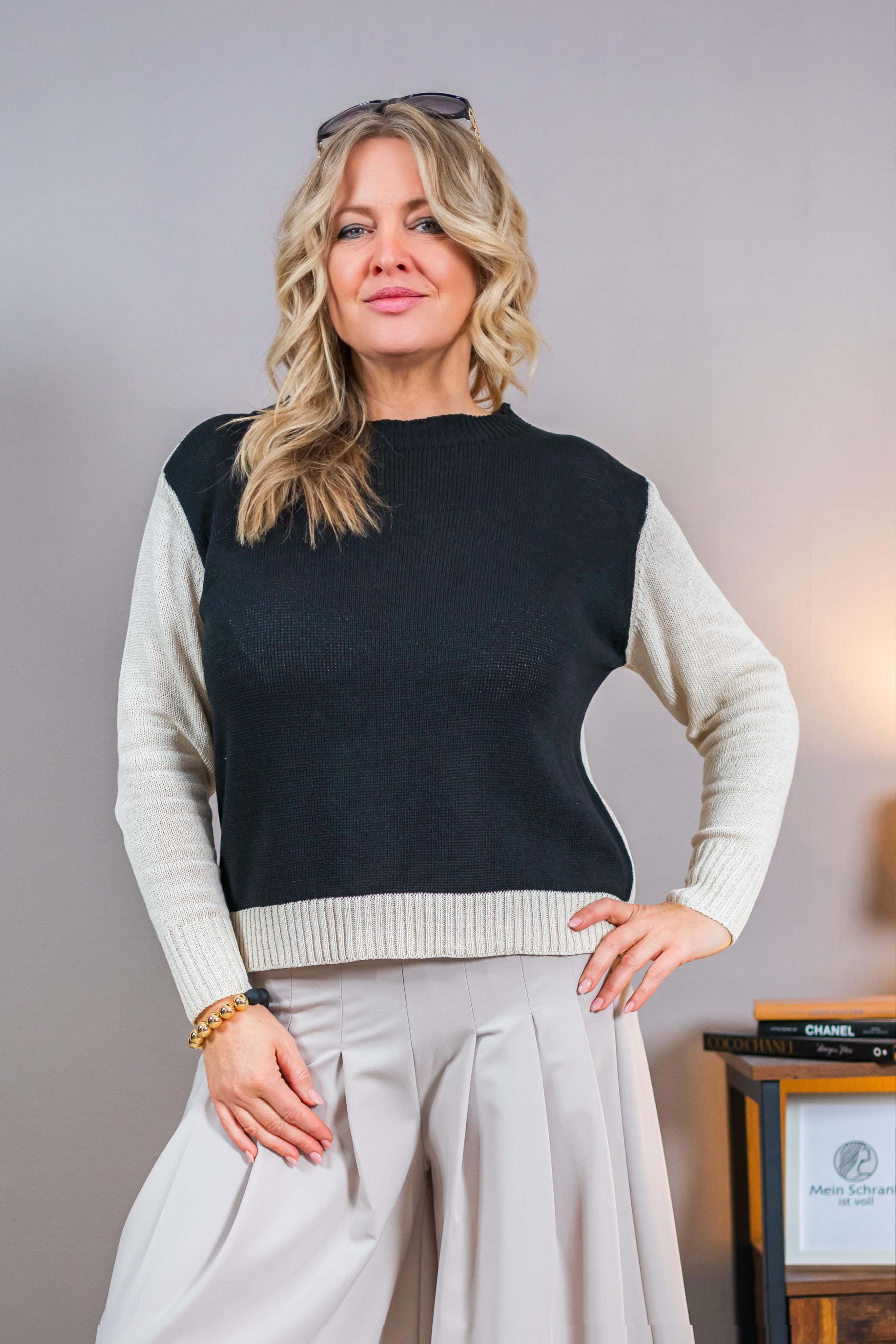 Strickpullover im Zweifarben-Design, schwarz/creme