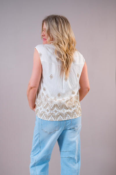 Ärmellose Bluse mit Boho-Stickerei, creme