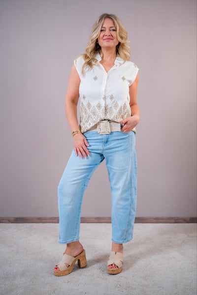 Ärmellose Bluse mit Boho-Stickerei, creme