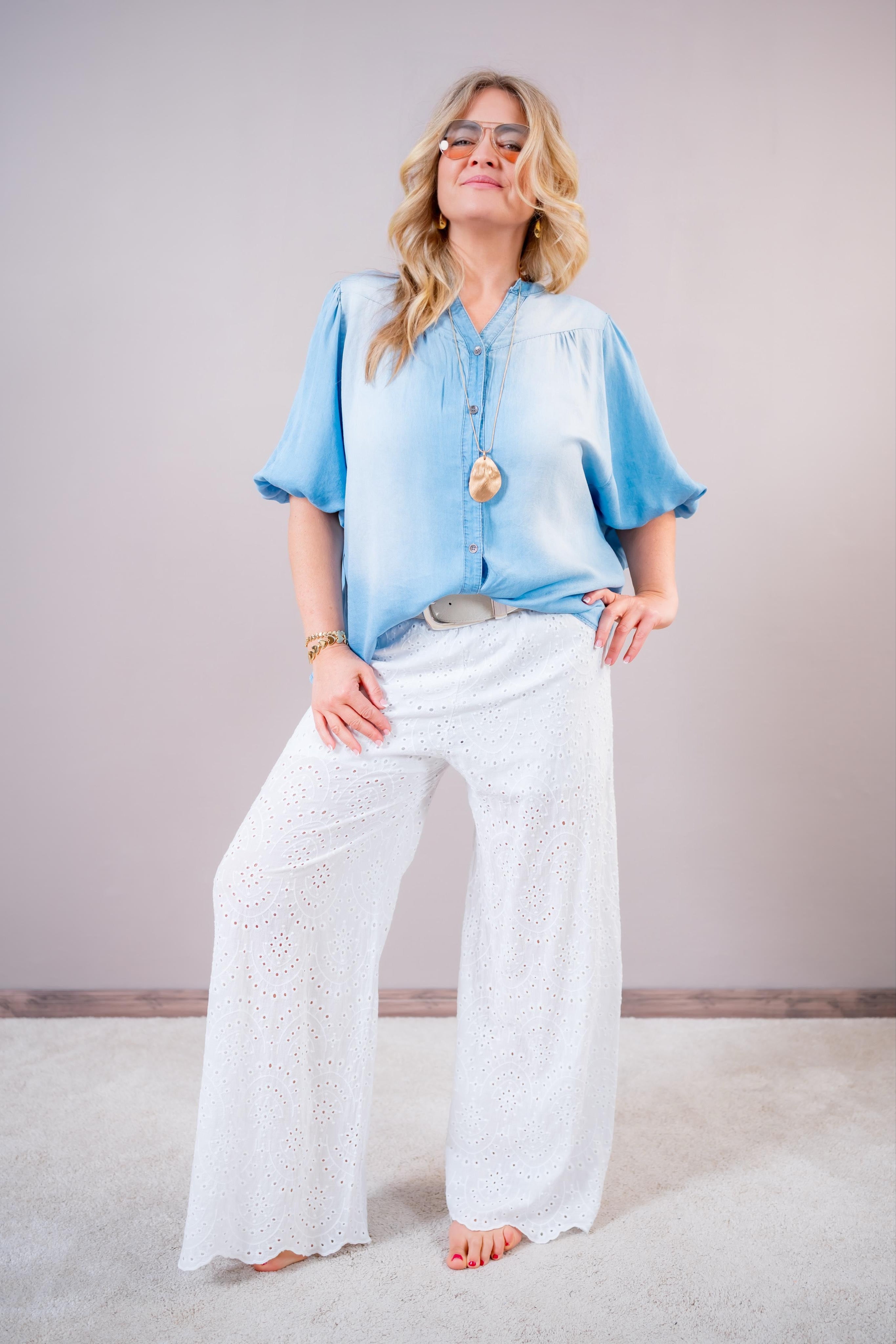 Oversize Bluse in Denim-Stil mit Fledermausärmeln, blau
