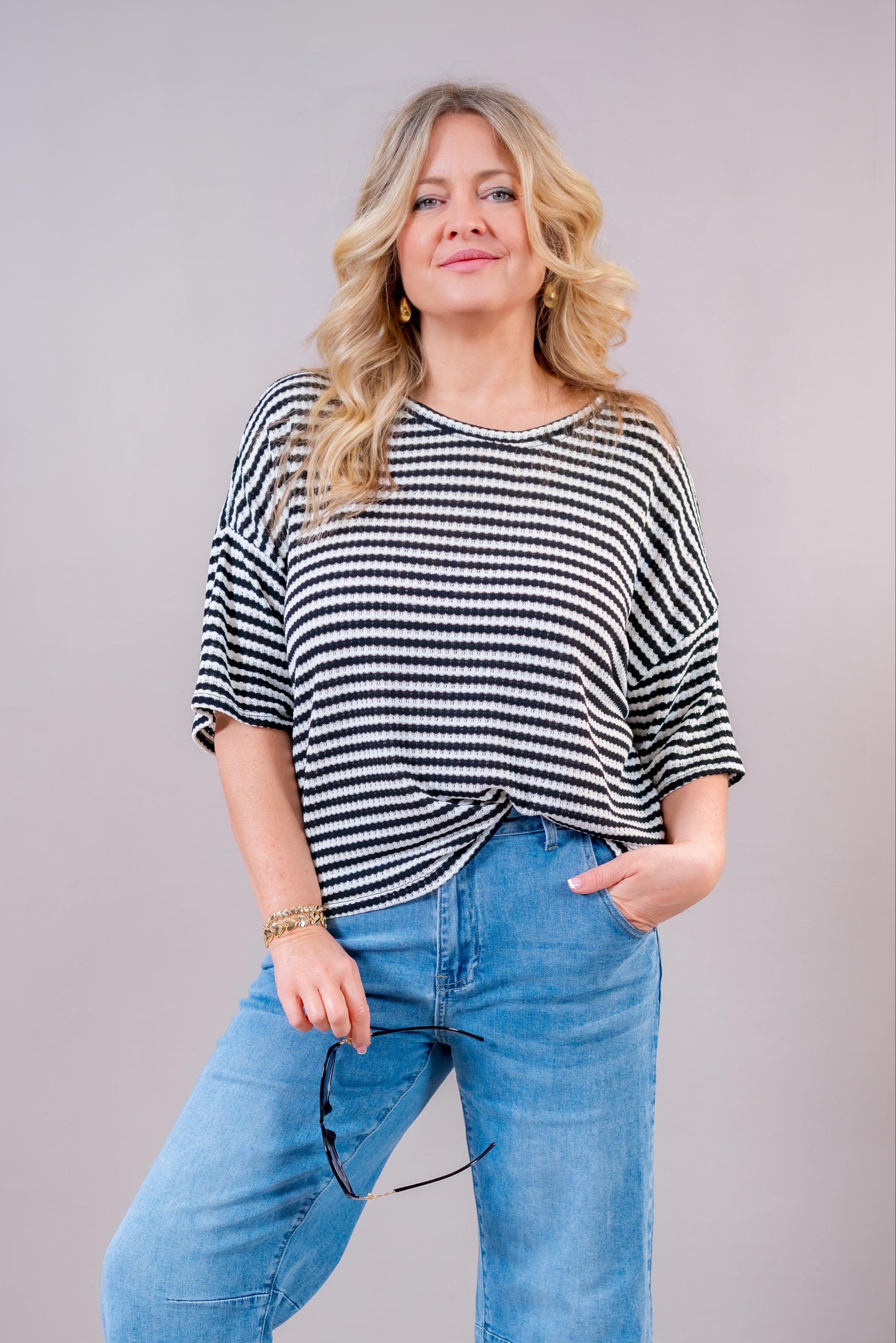 Weiches Baumwoll-Shirt mit Streifen, schwarz/cremeweiß
