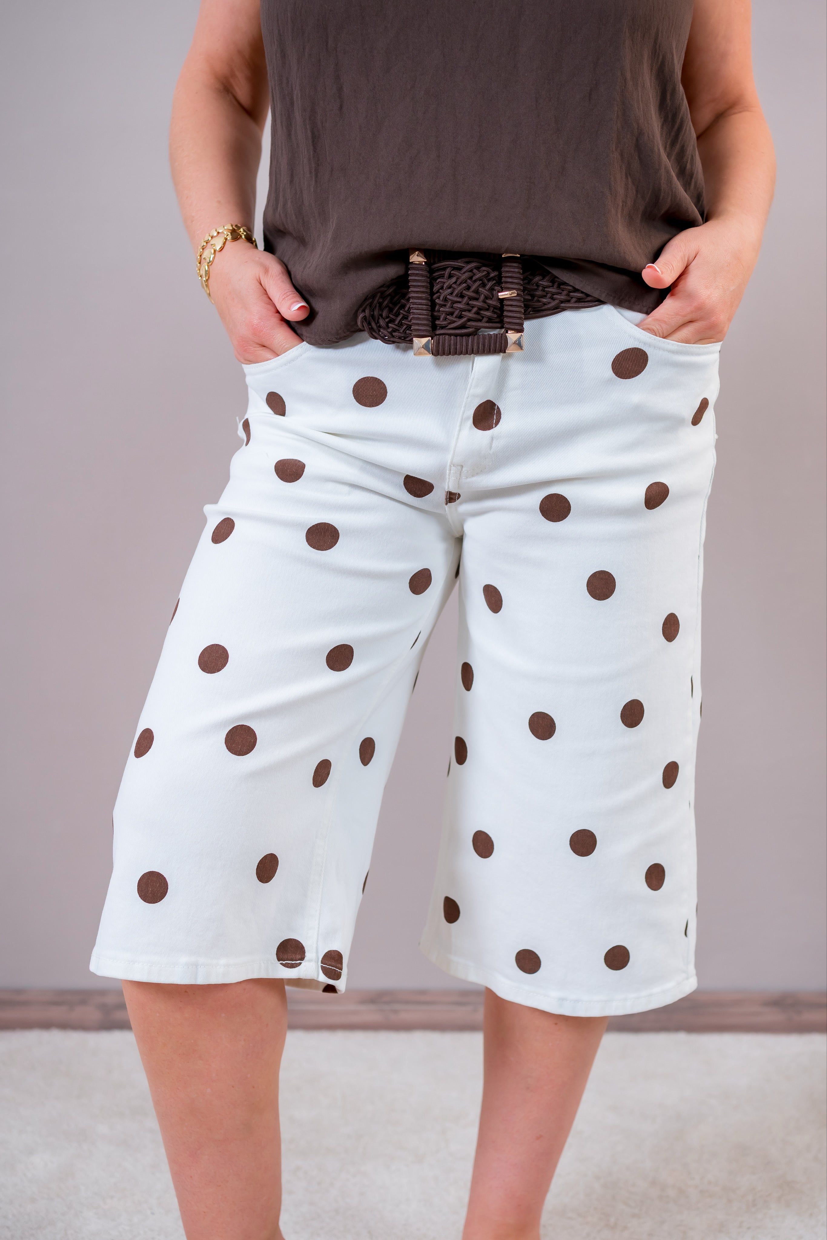 Jeans Bermuda mit Punkten, creme/schokobraun