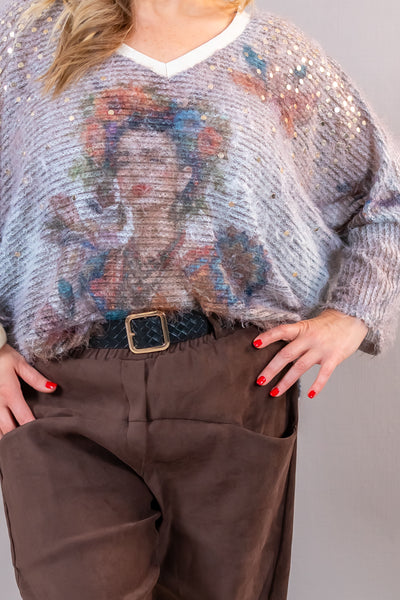 Oversize Strickpullover "Flower" mit Halstuch & Nieten, grau