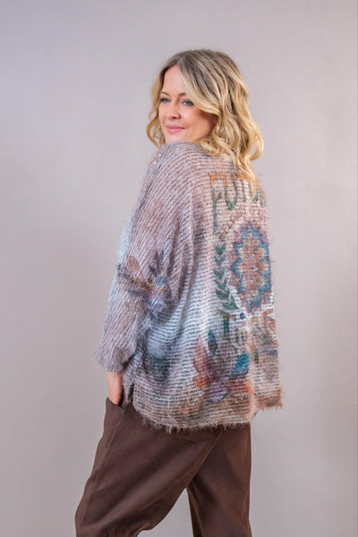 Oversize Strickpullover "Flower" mit Halstuch & Nieten, grau
