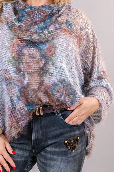 Oversize Strickpullover "Flower" mit Halstuch & Nieten, grau