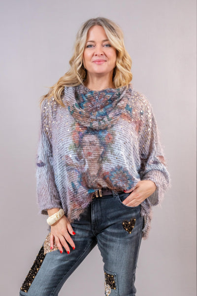 Oversize Strickpullover "Flower" mit Halstuch & Nieten, grau
