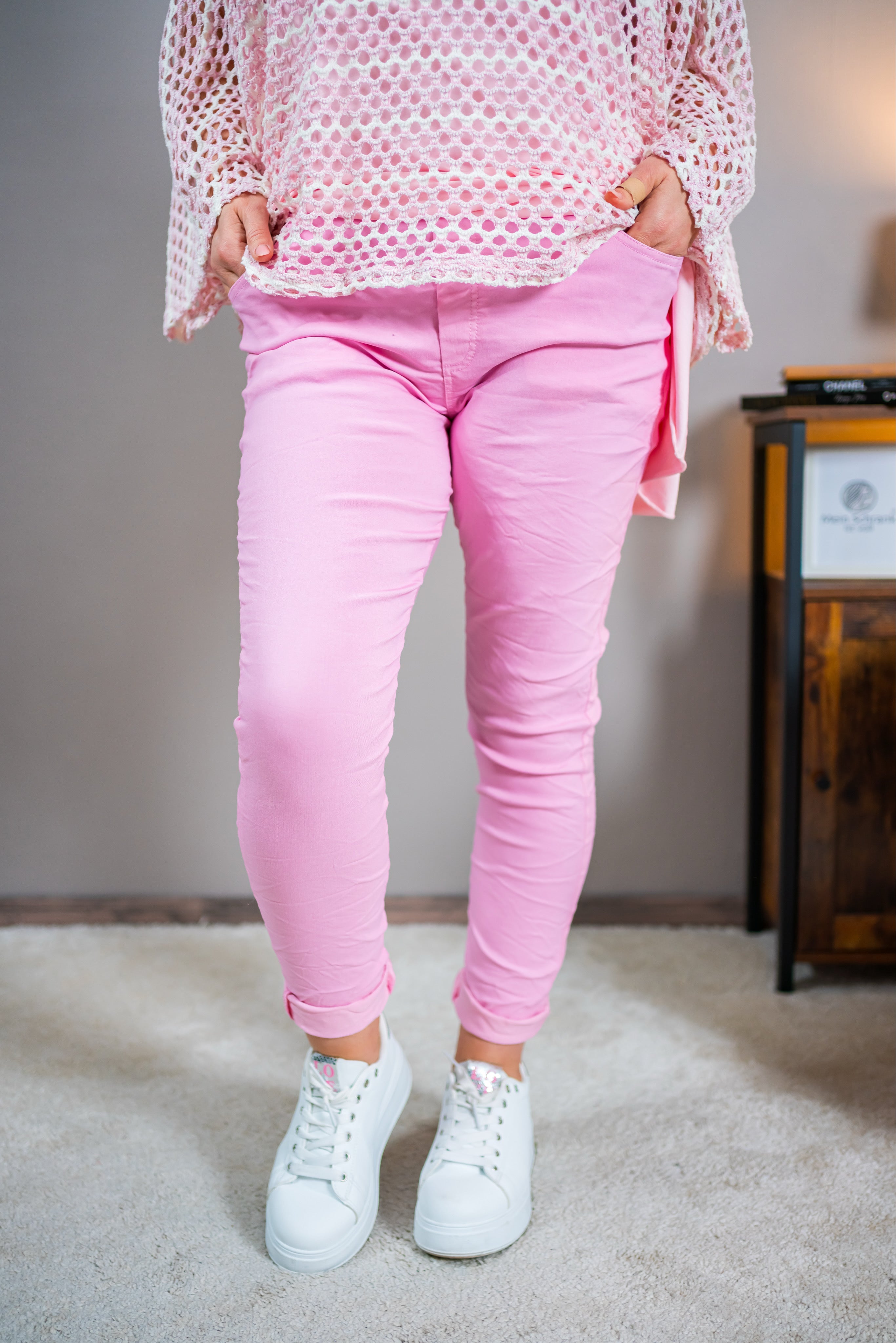 Stretchhose in Crinkle-Optik, pink