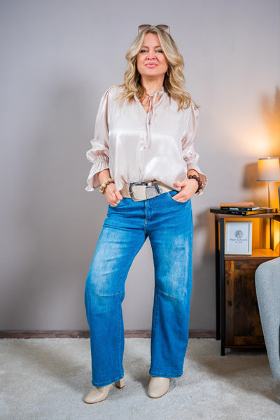 Glänzende Bluse mit eleganten Details, rosé-schimmernd