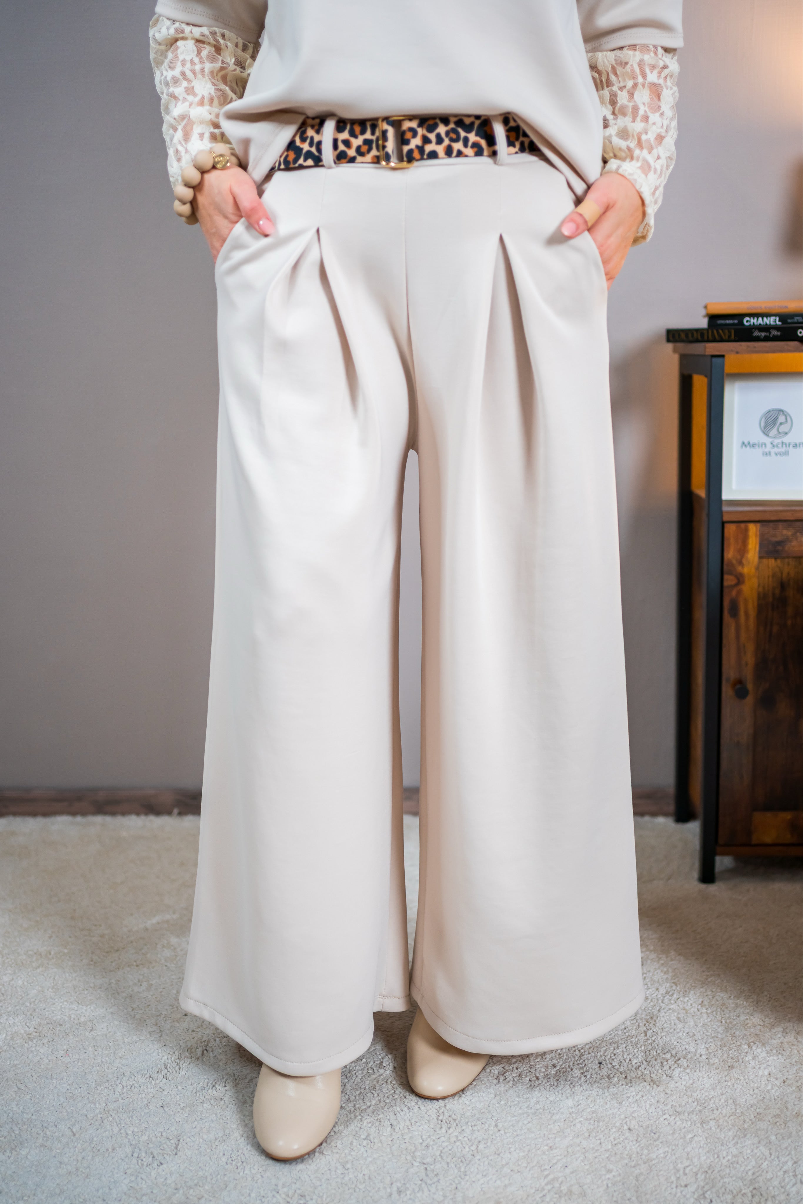 Jerseyhose mit Bundfalte, beige