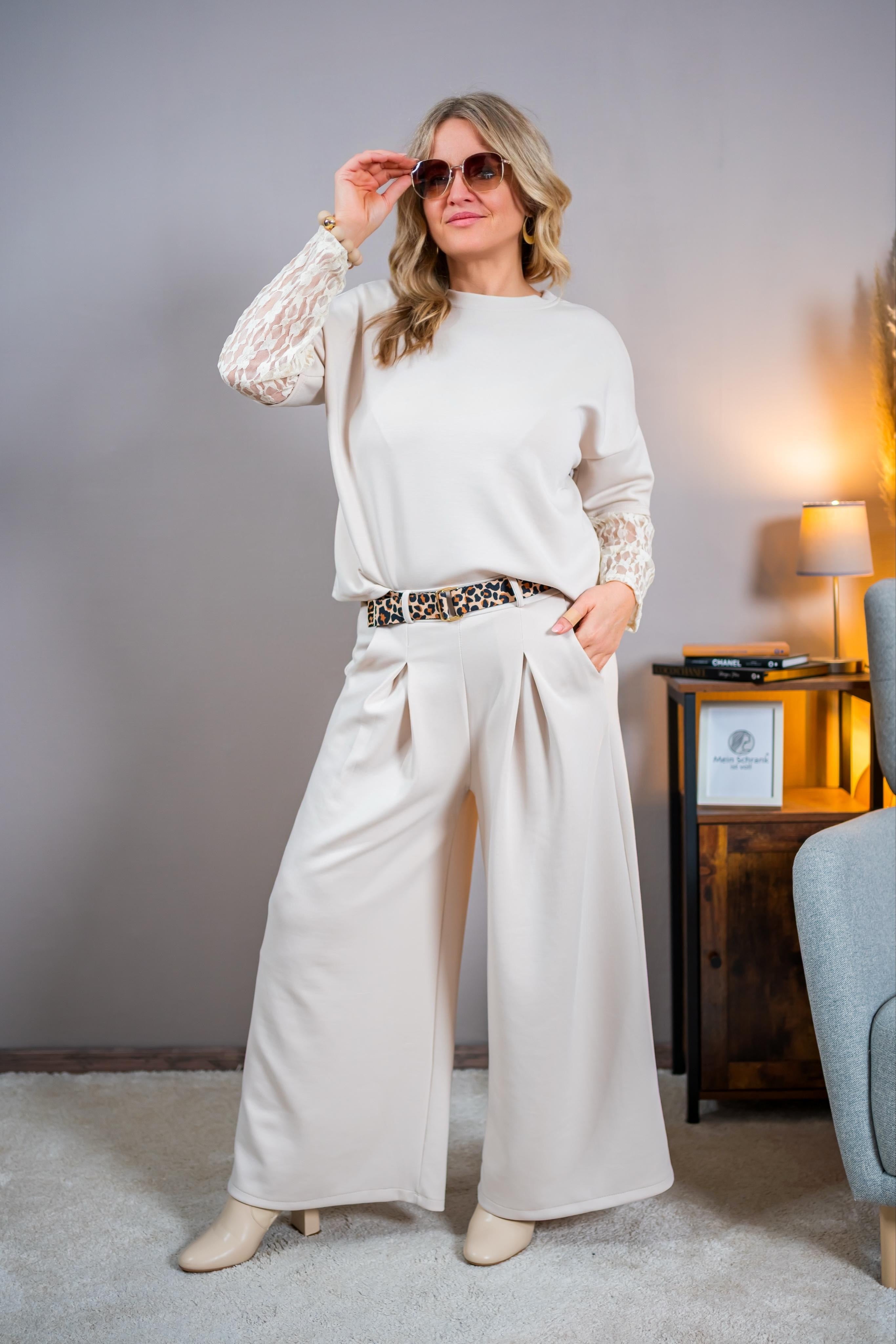 Jerseyhose mit Bundfalte, beige