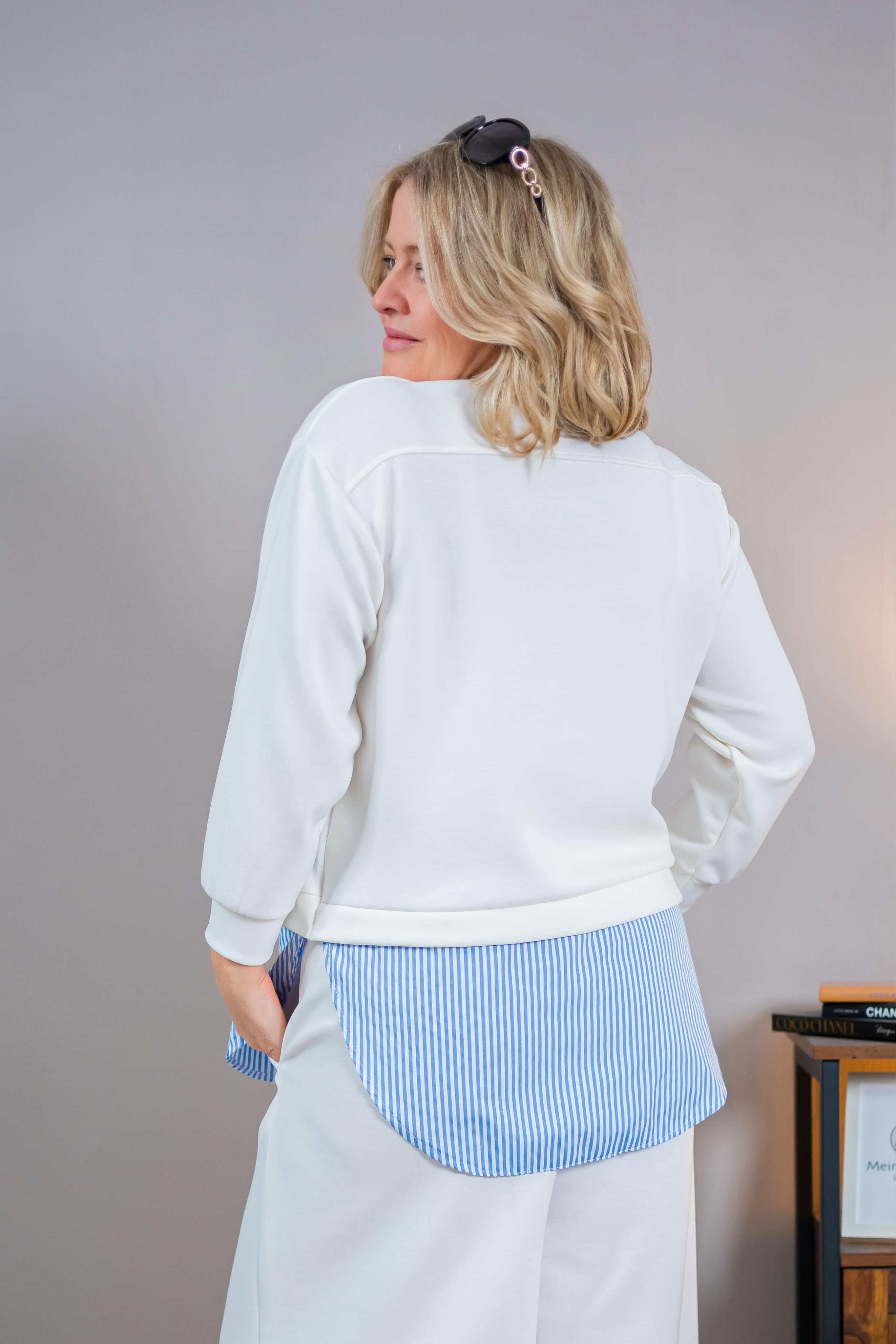 Pullover mit Bluseneinsatz, off-white/blau