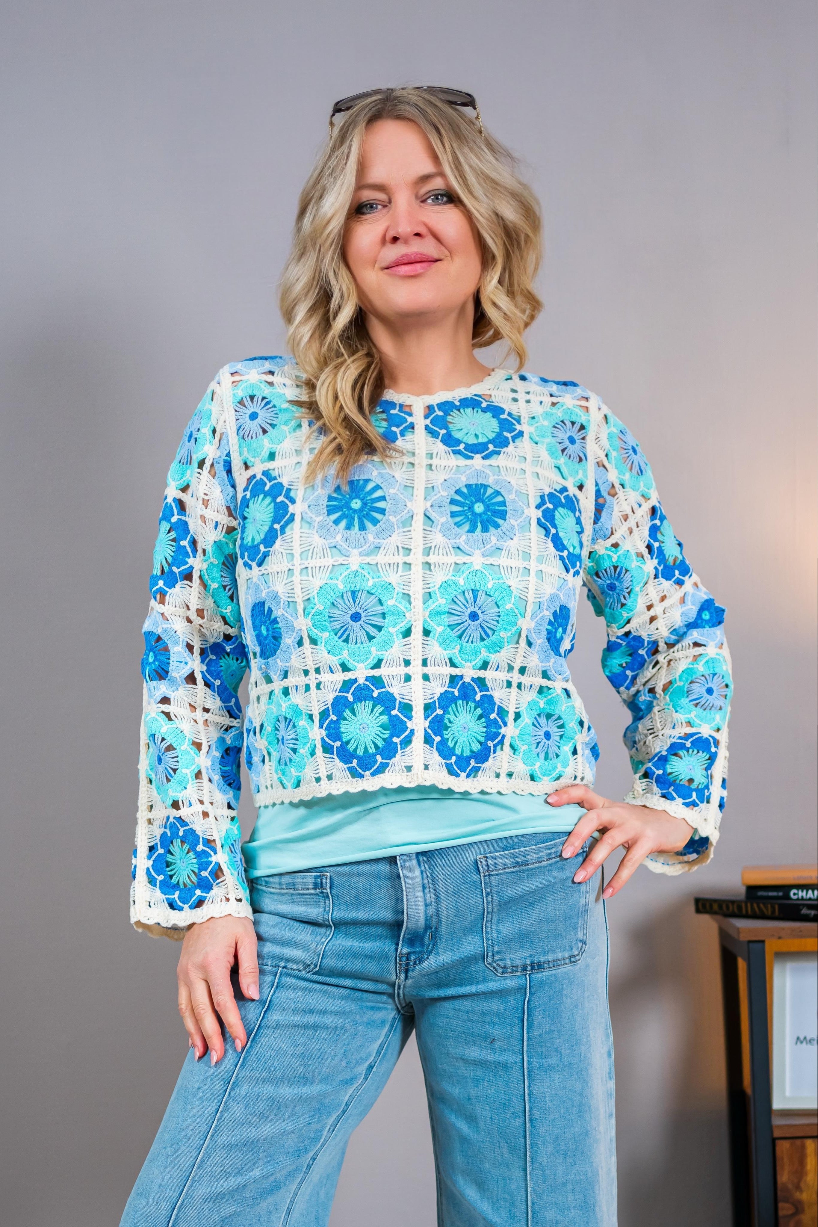 Häkelshirt, mint/blau/beige