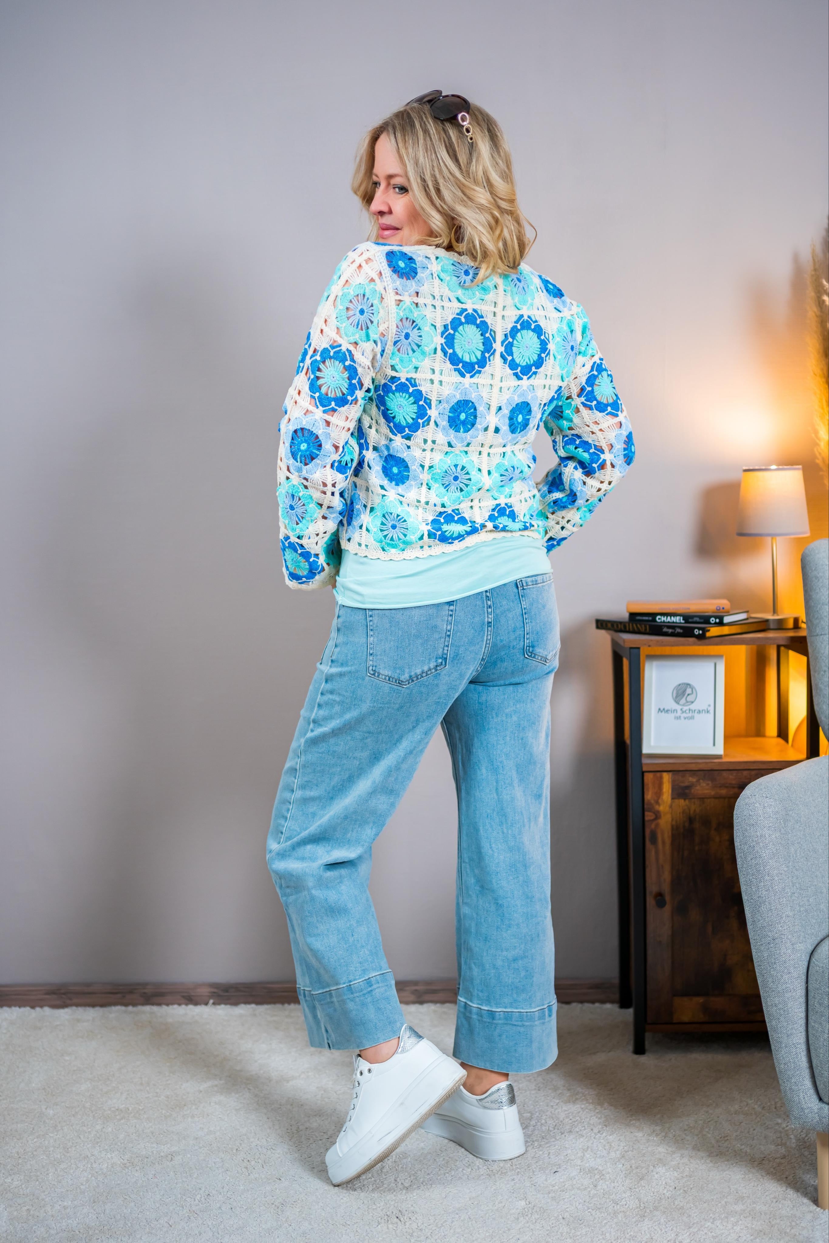 Häkelshirt, mint/blau/beige