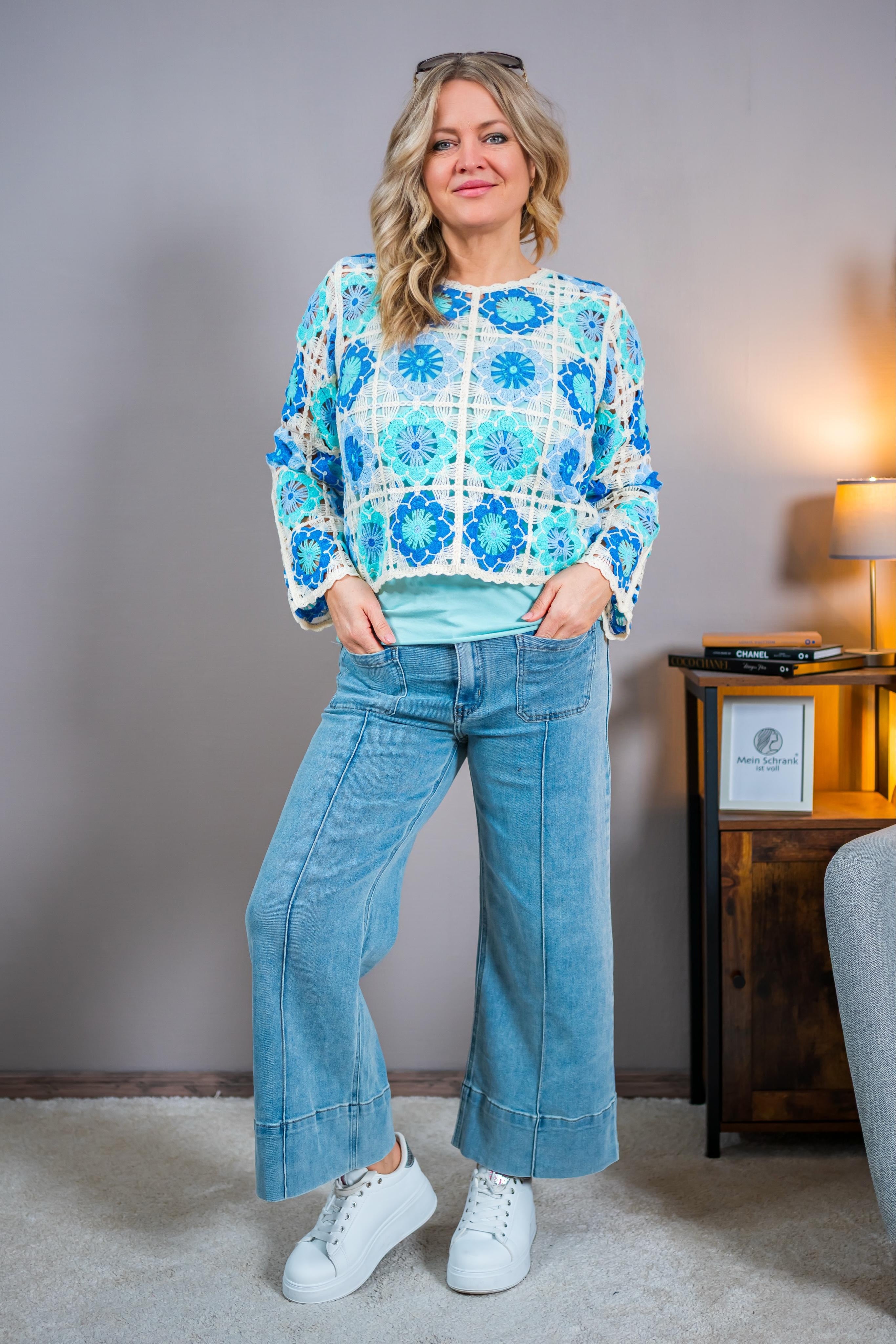 High Waist Jeans mit weitem Bein, denim-blau