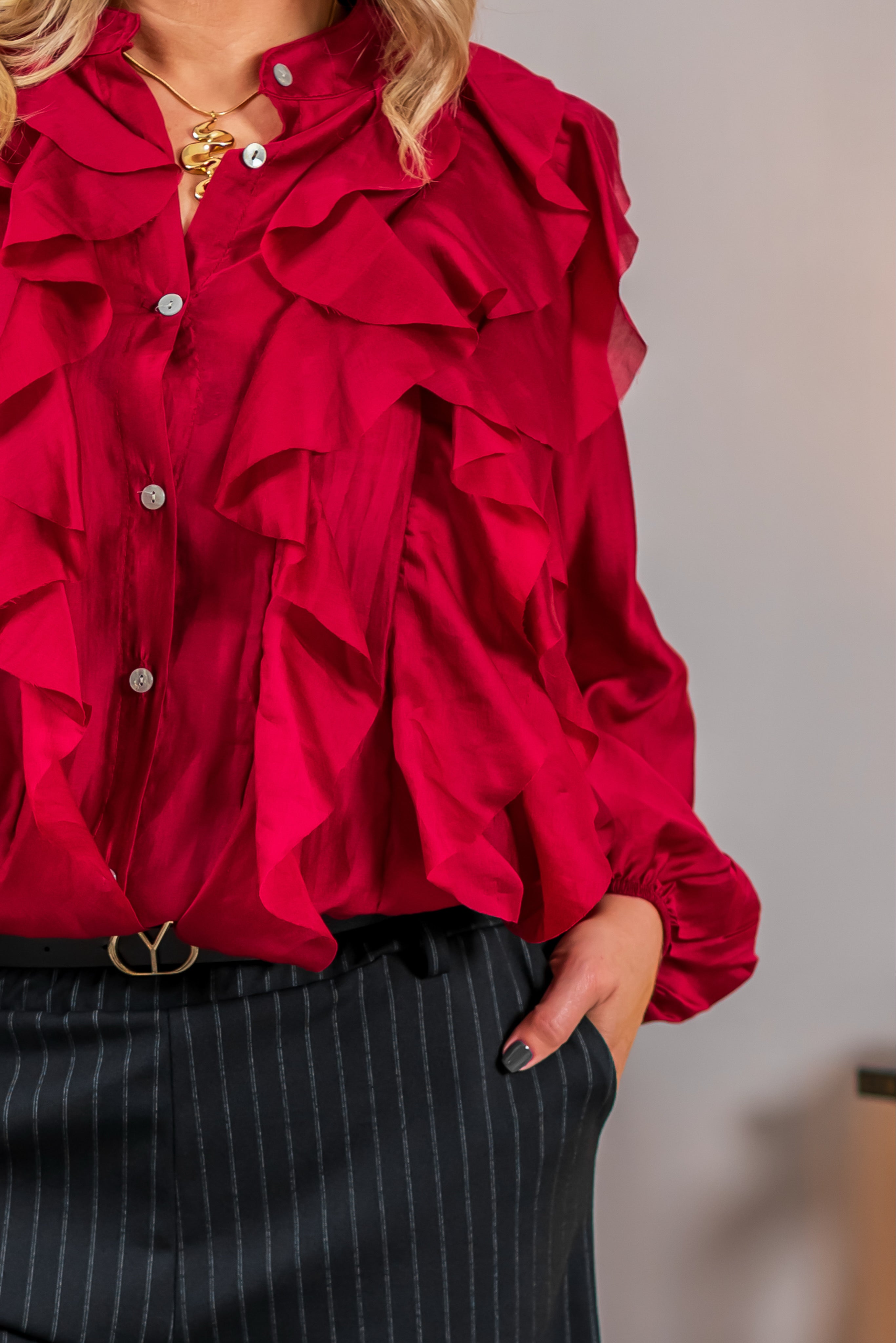 Bluse mit Volants, dunkelrot