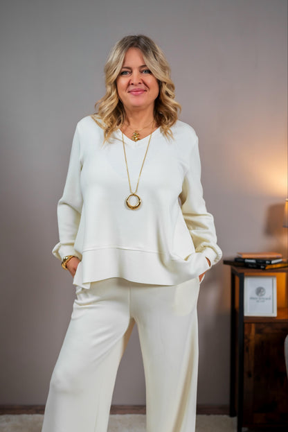 Oversize Sweatshirt mit V-Ausschnitt, cremeweiß