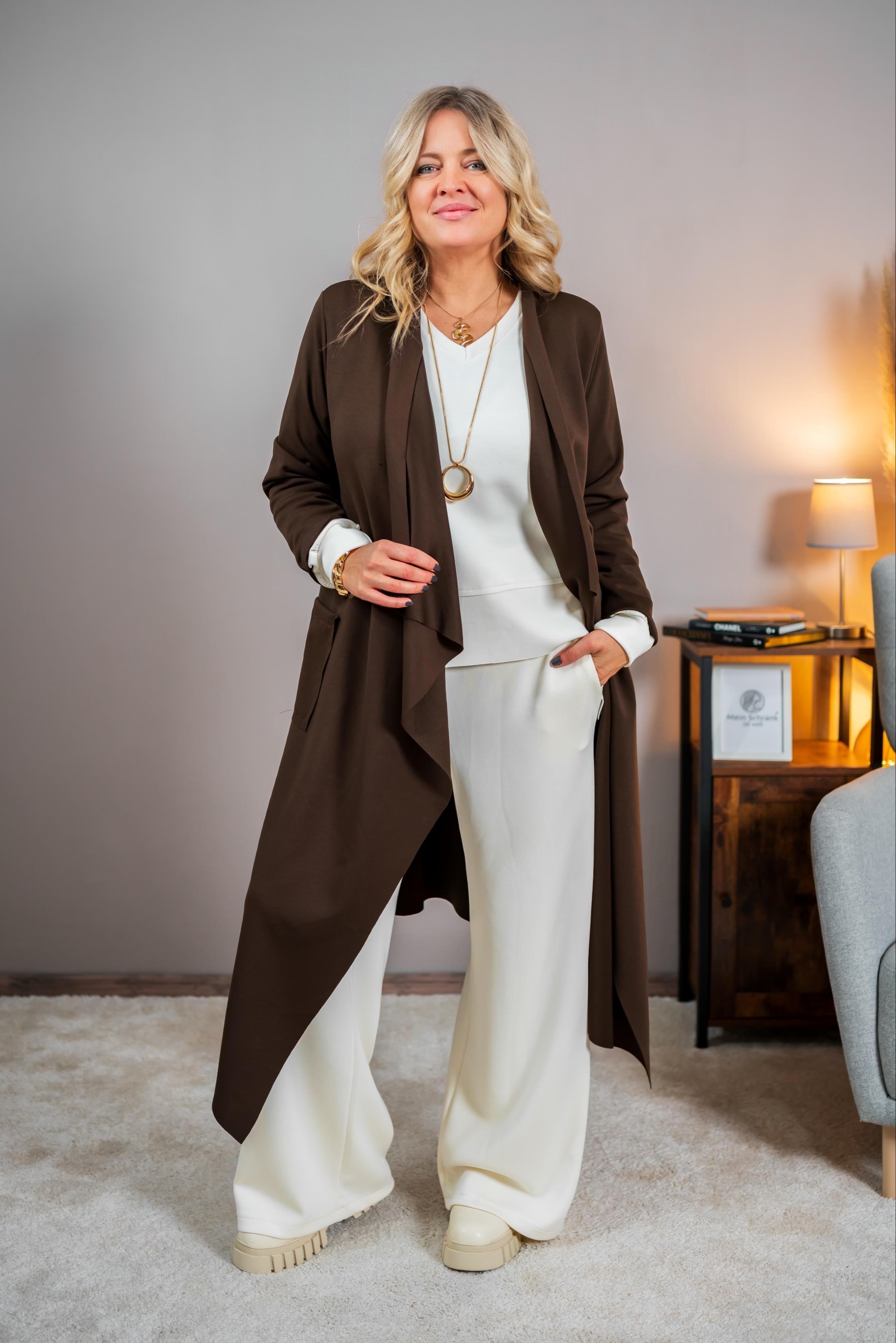 Langer Cardigan mit Wasserfall-Front, schokobraun