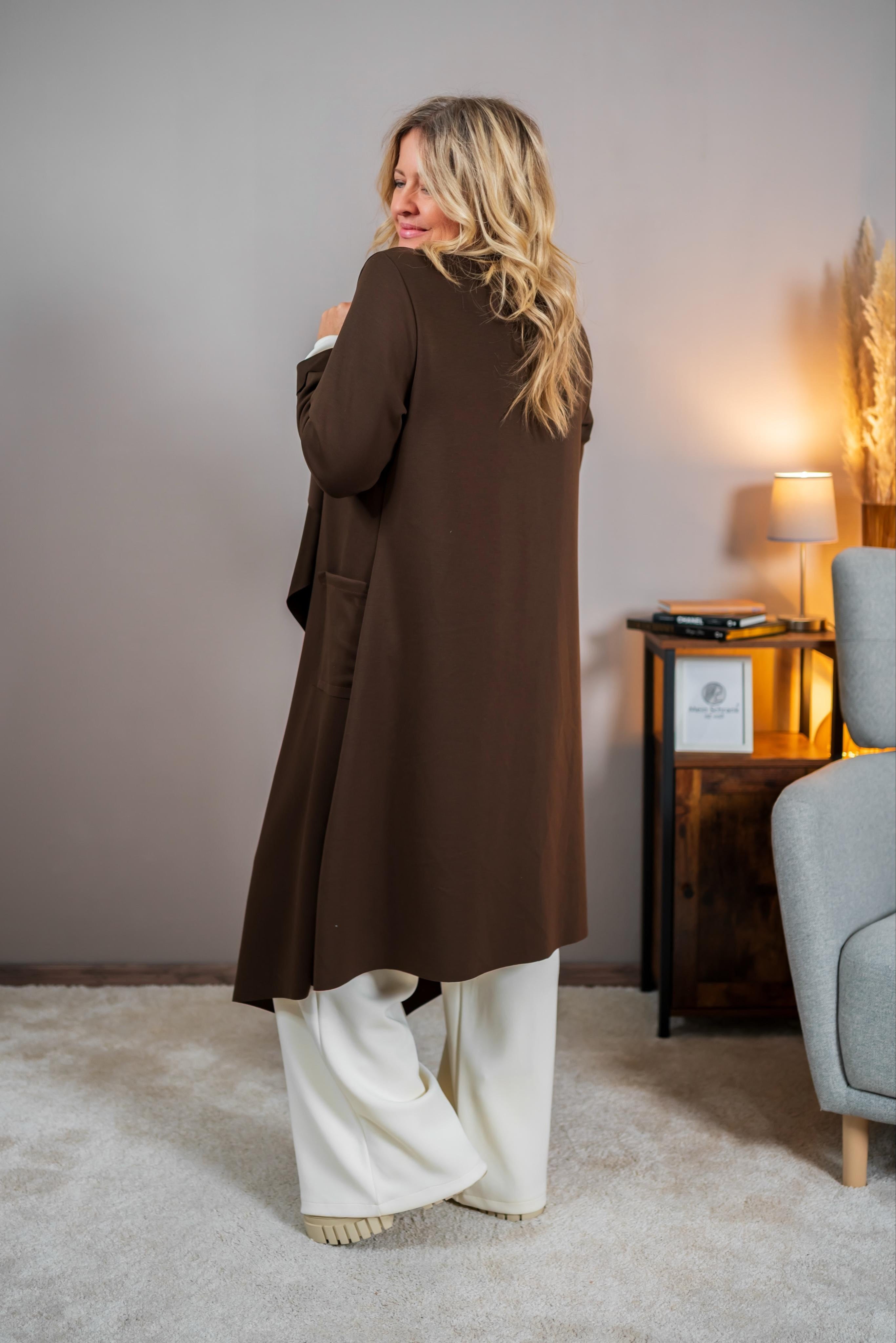 Langer Cardigan mit Wasserfall-Front, schokobraun