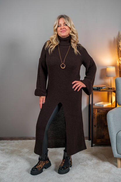 Strickkleid mit Schlitz, dunkelbraun