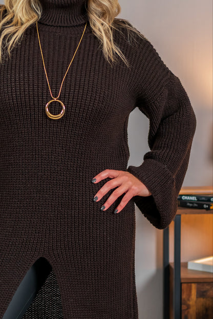 Strickkleid mit Schlitz, dunkelbraun